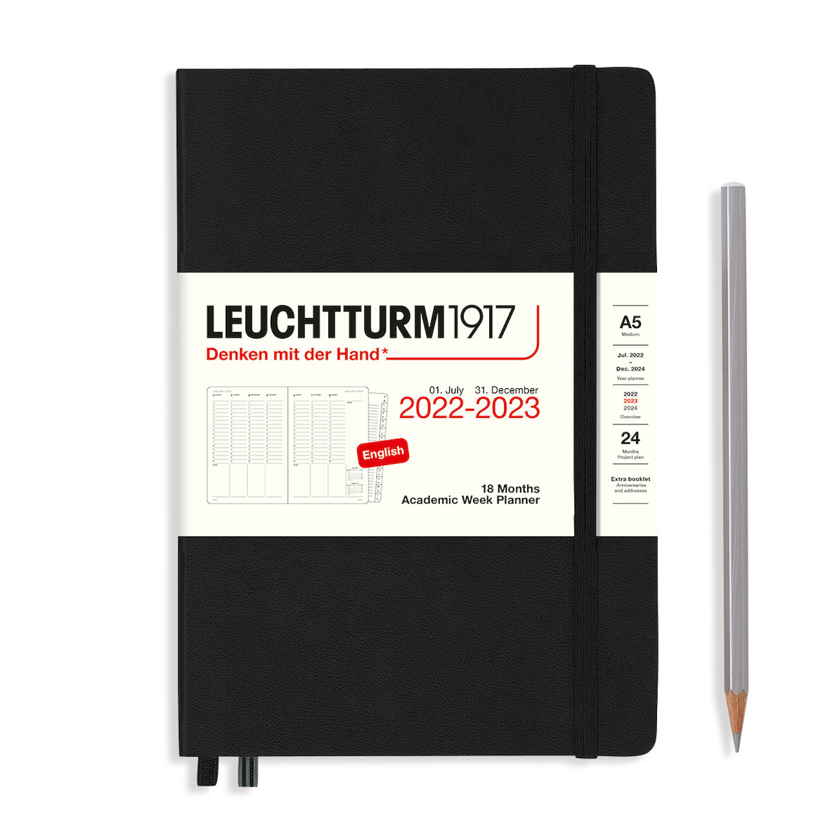  - Планер академический Leuchtturm Medium (A5) на 2023г (18мес) с буклетом твердая обложка Черный