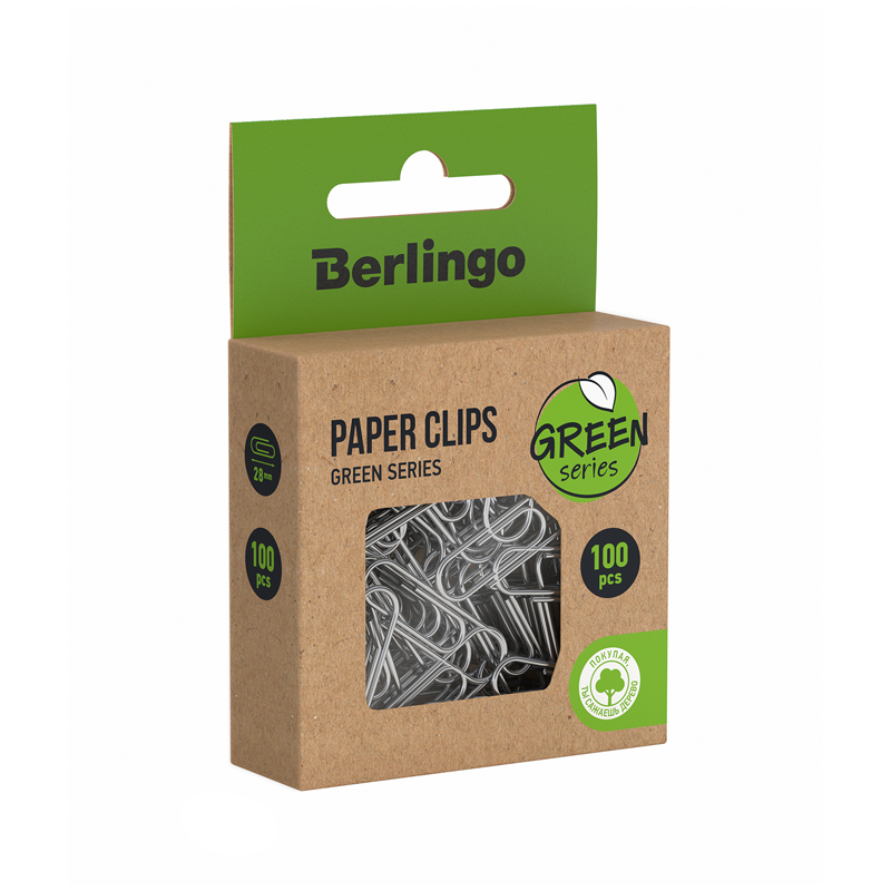 Скрепки 28мм, Berlingo «Green Series», 100шт никелированные