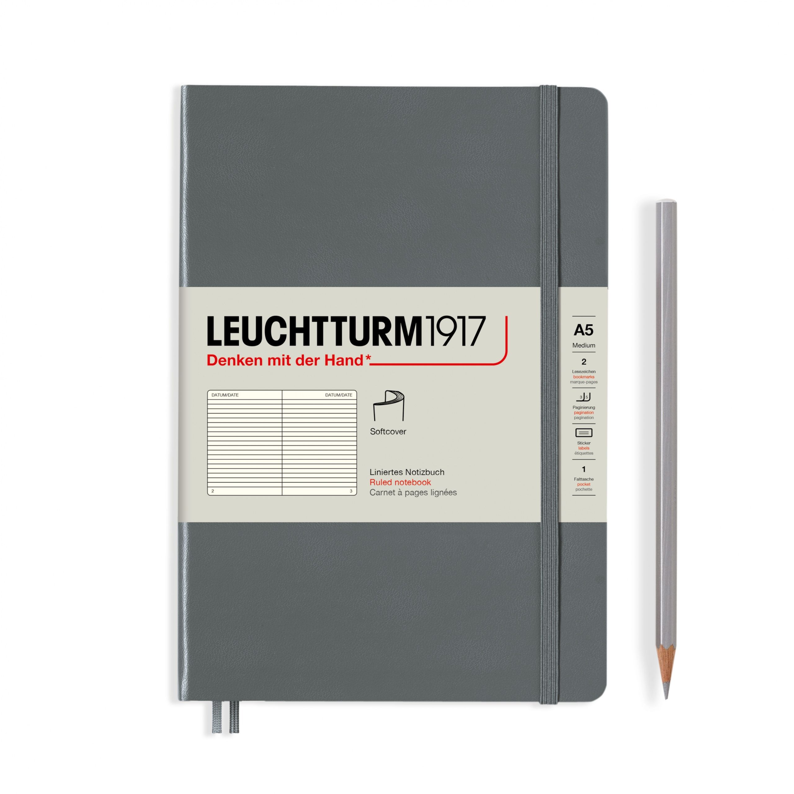 

Блокнот Leuchtturm1917 Classic A5 (14. 5x21см. ) 80г/м2 - 123 стр. в линейку, мягкая обложка, цвет: антрацитовый