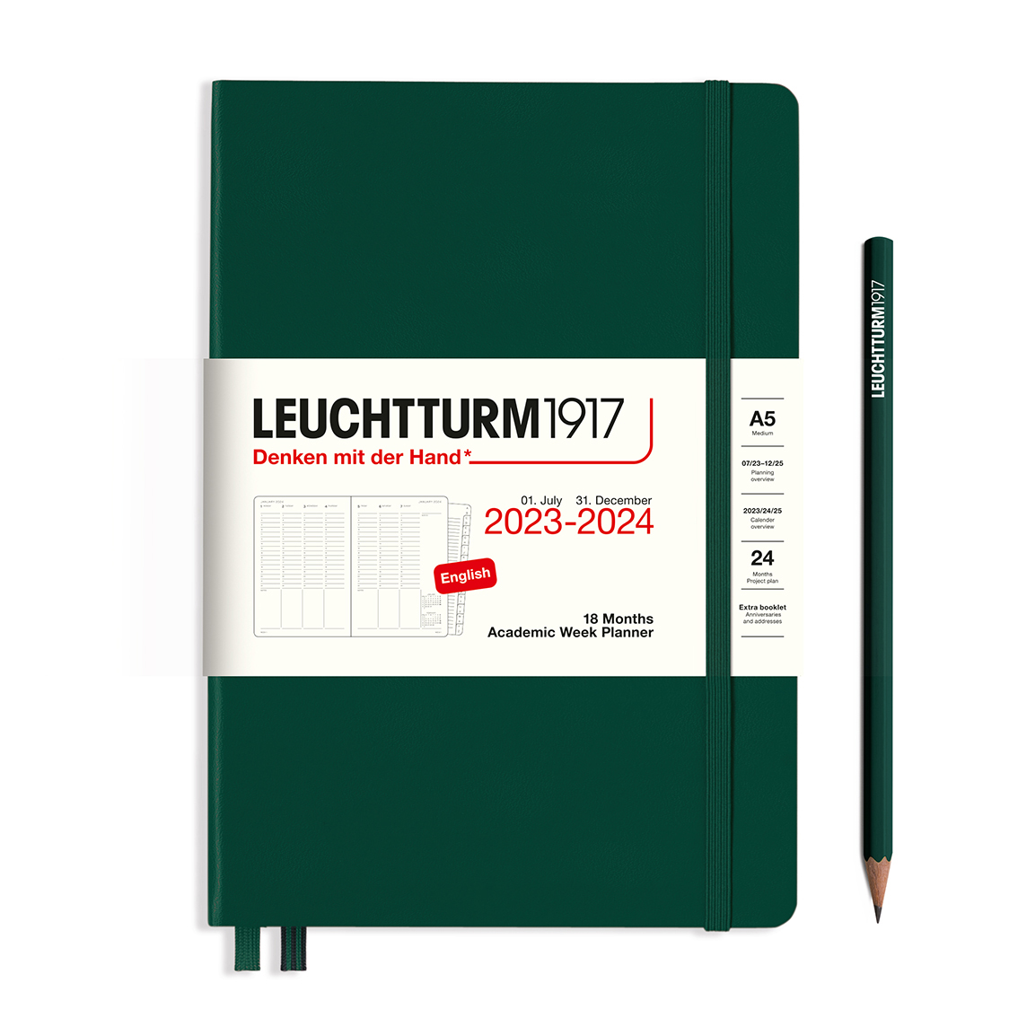 

Планер академический Leuchtturm1917 A5 на 18мес. (07. 23-01. 25) тв. обл. Зеленый Лес+блокнот A7