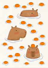 Открытка из фактурного картона «Капибары и мандарины»